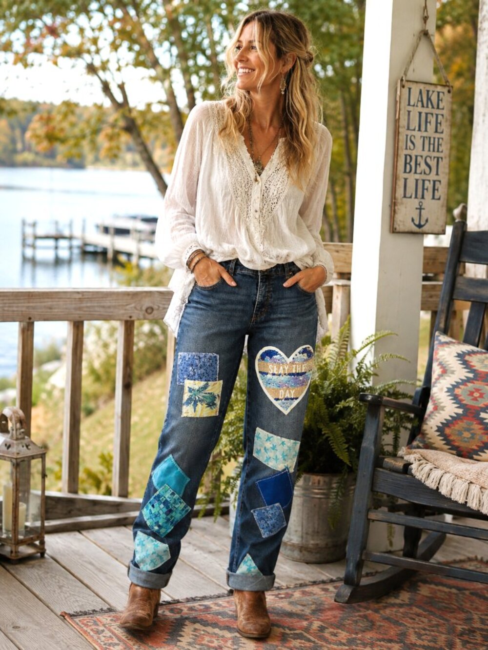 Boho Hippie Patchwork Jeans Upcycled Handmade Slay the Day Patch Pants Size 6